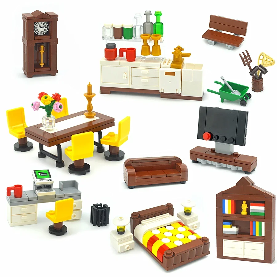 MOC Creative Furniture TV Sofa Brick City Accessories Xmas Tree Book Desk Dining Table Bathroom Door Building Block House Scene