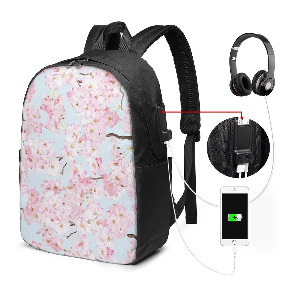 Pink Cherry Blossom Print Backpack Travel Notebook Bag Computer College Student School Bag Laptop Shoulder Bags for Men Women