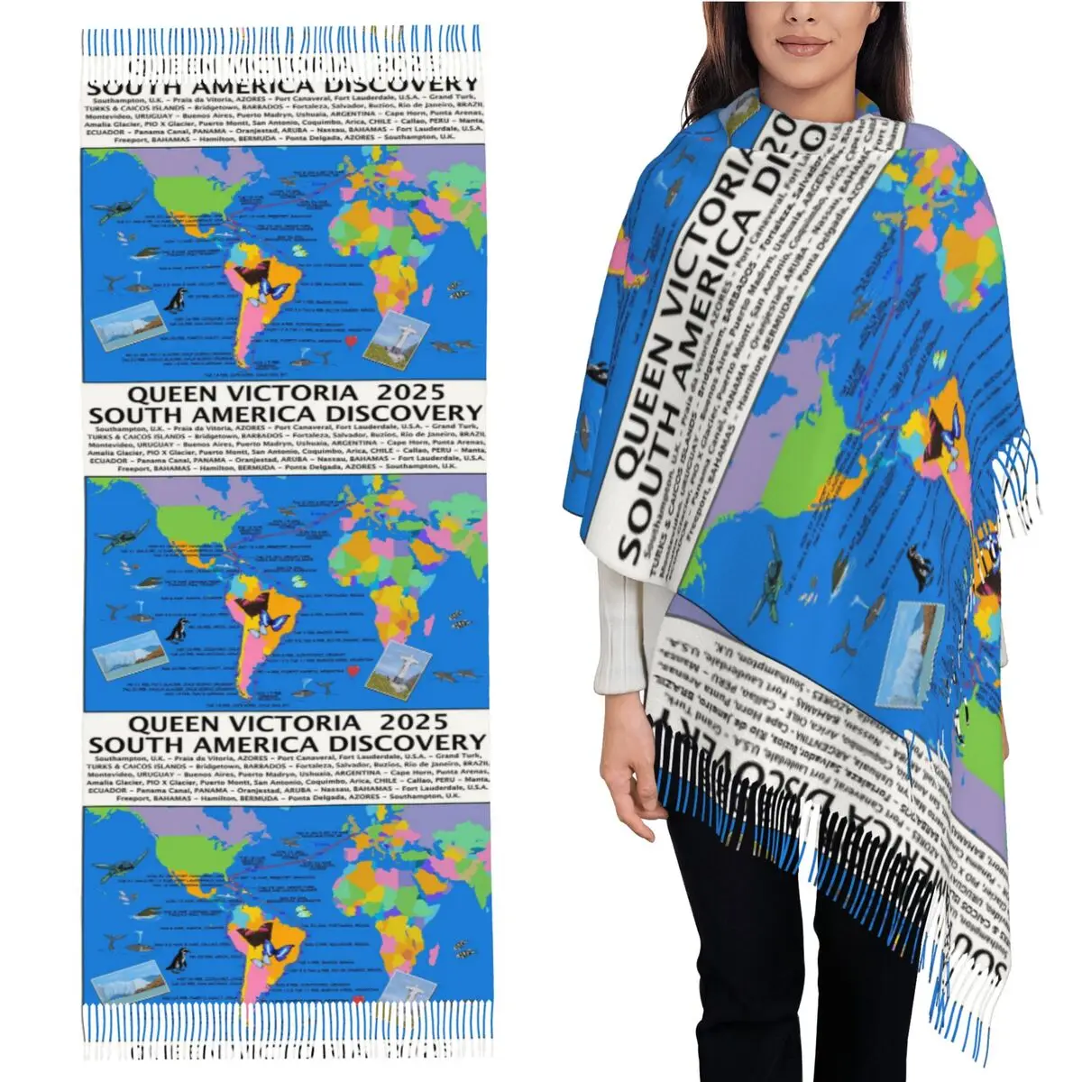 

Cunard 2025 V503b Южная Америка Discovery Круизный шарф Шарфы с кисточками Женские мягкие шали и накидки Длинная осенне-зимняя шаль