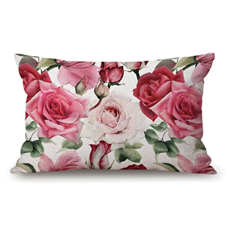 

Pillow Covers Watercolor Roses 12" x 20" Lumbar Pillow Covers Home Decorative Cotton Linen Cushion Case for Sofa Couch Housewar