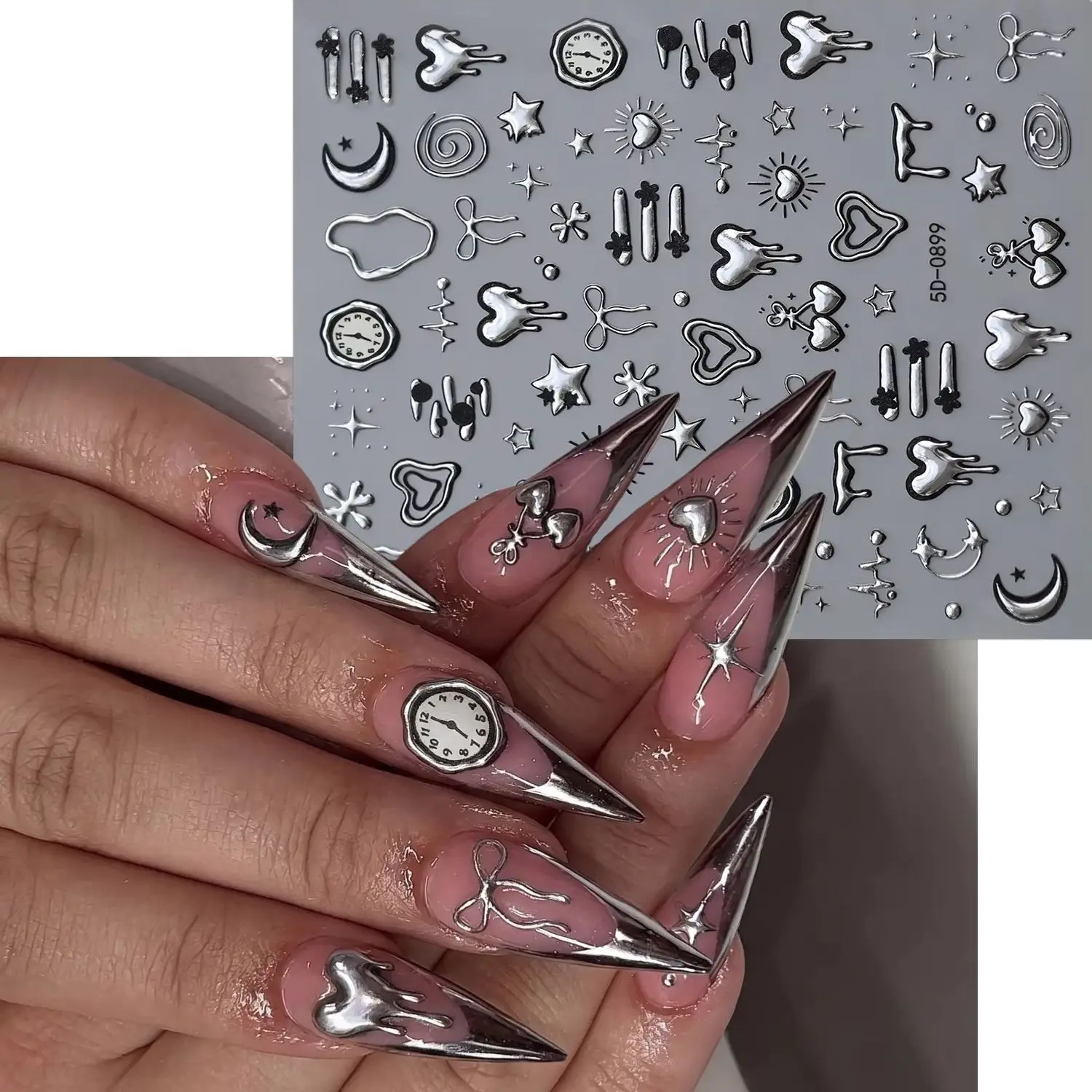 1Pc 5D Bronzing silver Heart Clock Design Nail Sticker Y2K Star Moon Bow Self-adhesive Decals DIY Sliders Manicure Decoration