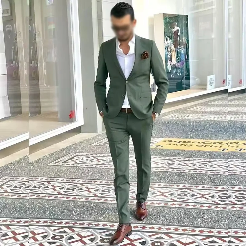 

Men Suits Green Full Set Single Breated Peaked Lapel 2 Piece Jacket Pants Chic Blazer High Casual Street Male Clothing Tailor
