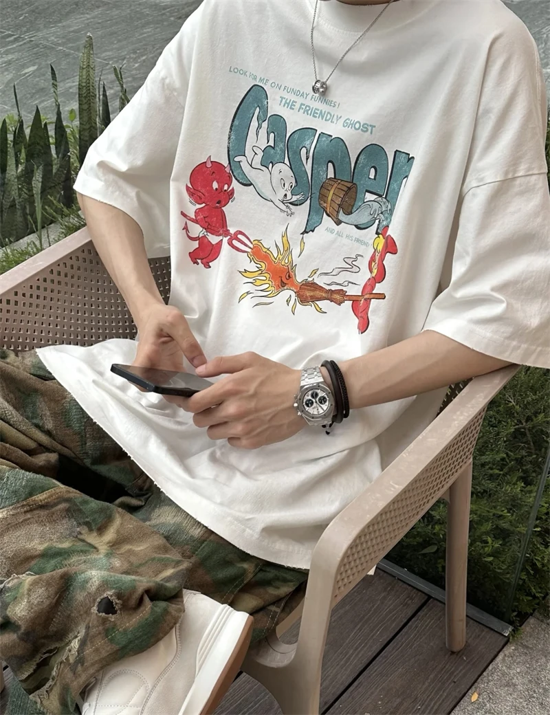 Summer Pure Casper Cartoon Anime Print Vintage High Street Casual Loose Short Sleeve Pure Cotton High Quality Hip Hop T-shirt