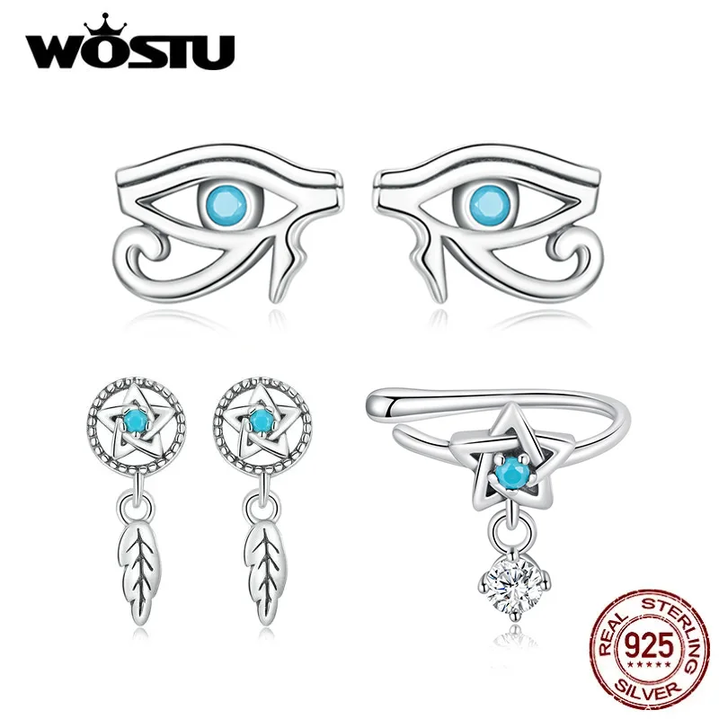 WOSTU 925 Sterling Silver Turquoise Guardian Jewelry Pentacle Drop Earrings Ear Clips Horus' eye Studs Twist Rings For Women New