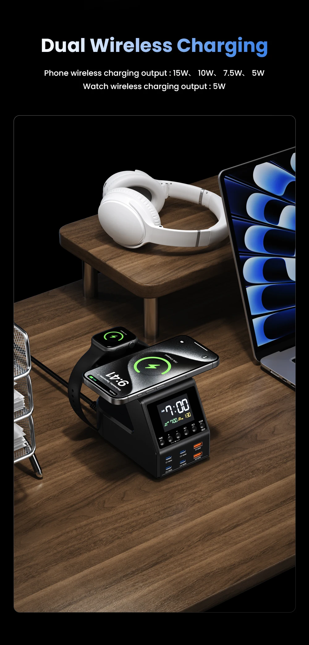 240W GaN Charger Station 4×140W PD3.1 USB Type C Wireless Fast Charger for MacBook iPad Samsung Alarm Clock Time Display