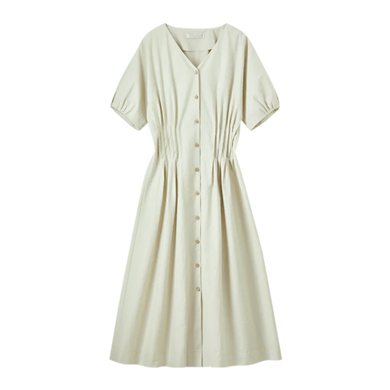 SENTUBILA Womens Dresses 2025 New Smocking Cotton A-line Folds Short Sleeve V Neck Button Long Dress Woman Clothing 152L59133