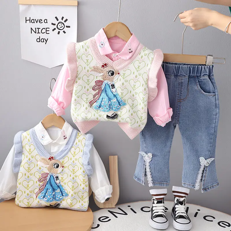 Spring and Autumn New Girls\' Baby Long sleeved Clothing Set Children\'s Princess Korean Shirt Vest Pants Cute Three Piece Set