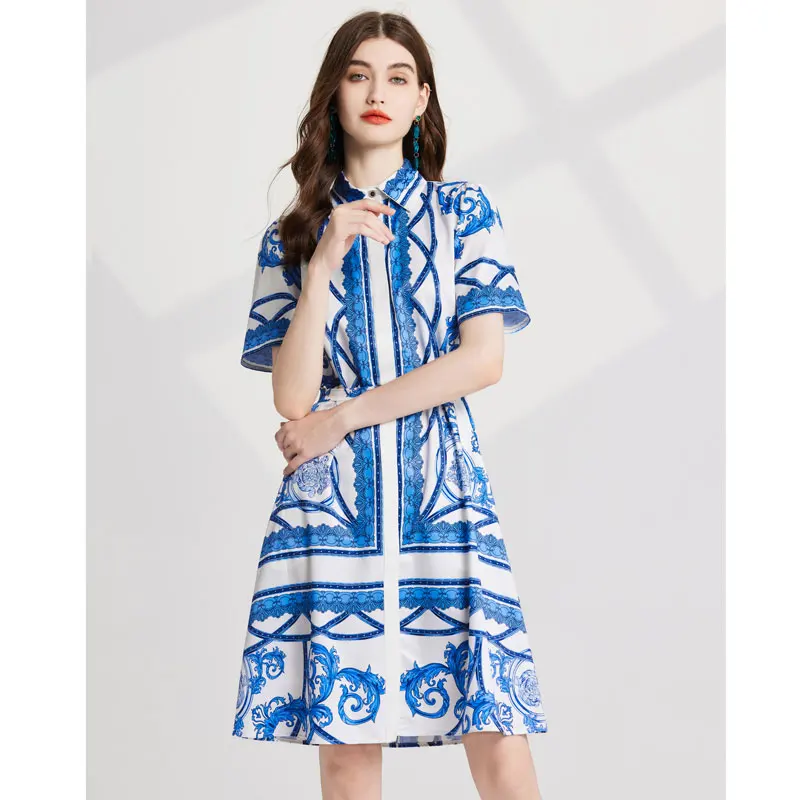 Vestido com estampa de passarela feminino, manga curta, peito único, cinto com renda, vintage, casual, feriado, moda verão