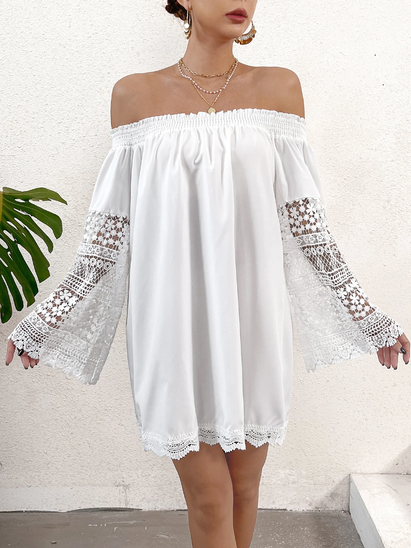 Women's One Shoulder Skirt Mini Short Skirt White Lace Knitted Long sleeved Solid Summer Elegant Ball Dress