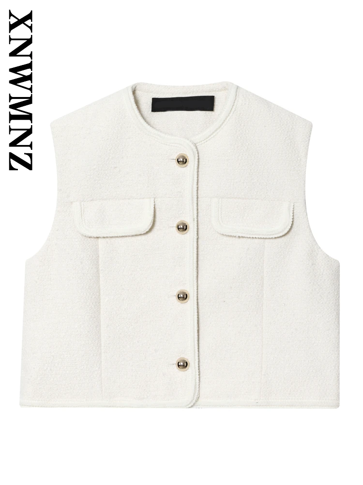 

XNWMNZ 2025 Autumn Woman's Simple Fashion Single-breasted O-Collar Gilet Classic Vintage Female Sleeveless Trendy Vest