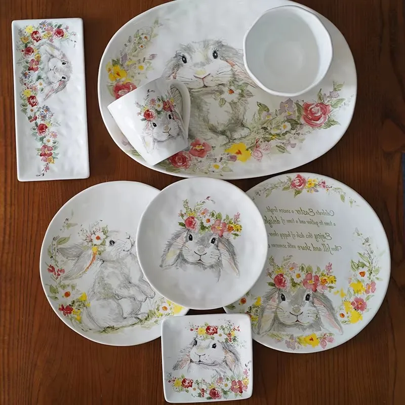 

Hand-held Ceramic Watercolor Illustration Cute Rabbit Dinner Plate Deep Plate Oval Plate Steak Plate