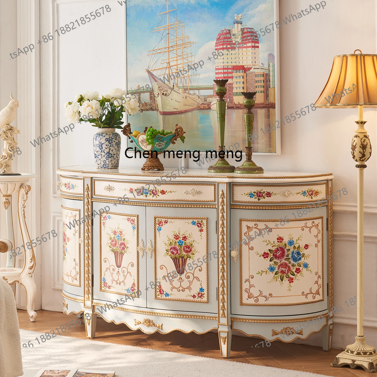 

Retro French villa hand-painted solid wood luxury entrance cabinet European semi-circular corridor bedroom bedside cabinet