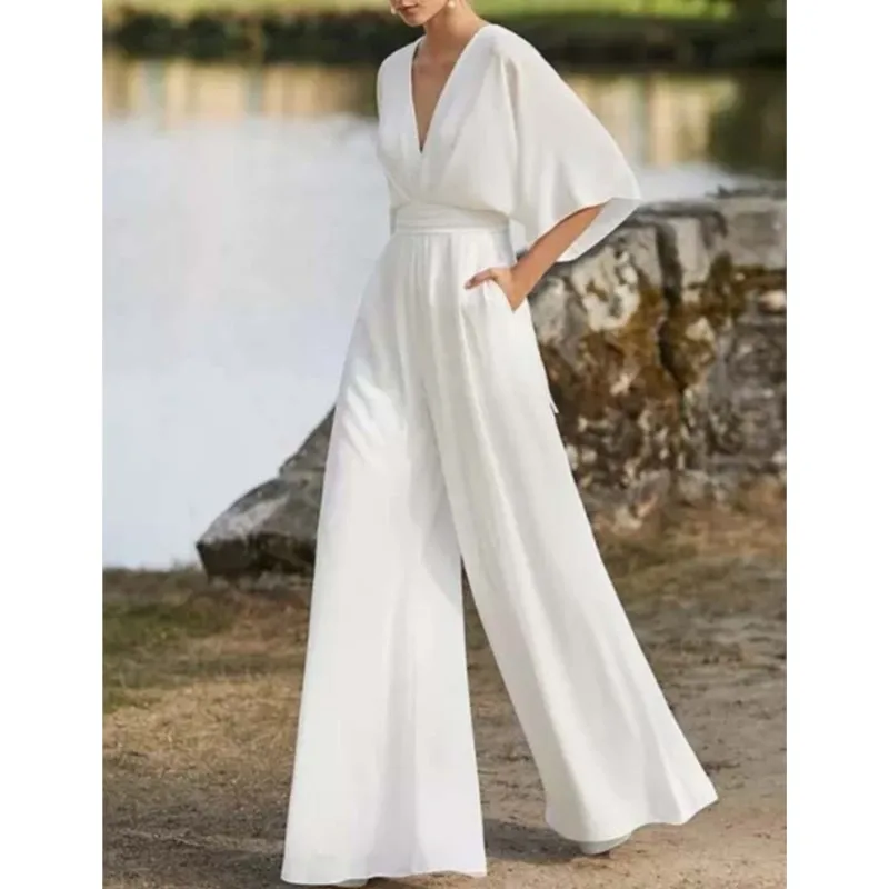 Women's Elegant Half Sleeve V-Neck Jumpsuits 2025 New Fashion Waist Long Wide Leg Jumpsuit Ladies Casual Loose Pockets Bodysuits