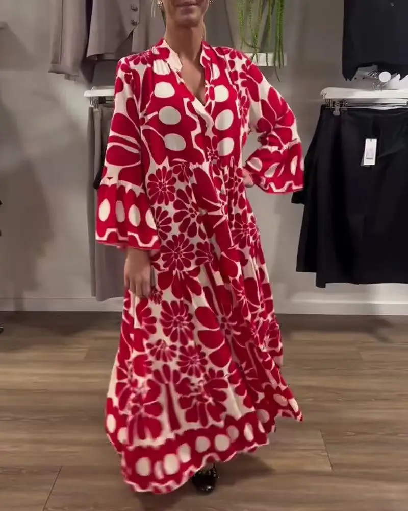 ชุดสตรีเดรสเดี่ยวแขนยาวพิมพ์หลวมBohemian 2025 ฤดูร้อนSpliced BohoสายVestidos