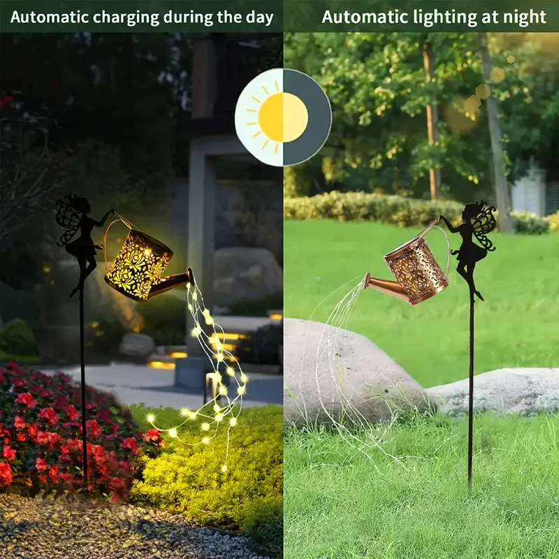 1PCS Solar Kettle Light Outdoor Hanging Waterfall Watering Can Lights Solar Vintage Metal Fairy Fairy Light Garden Patio Decor