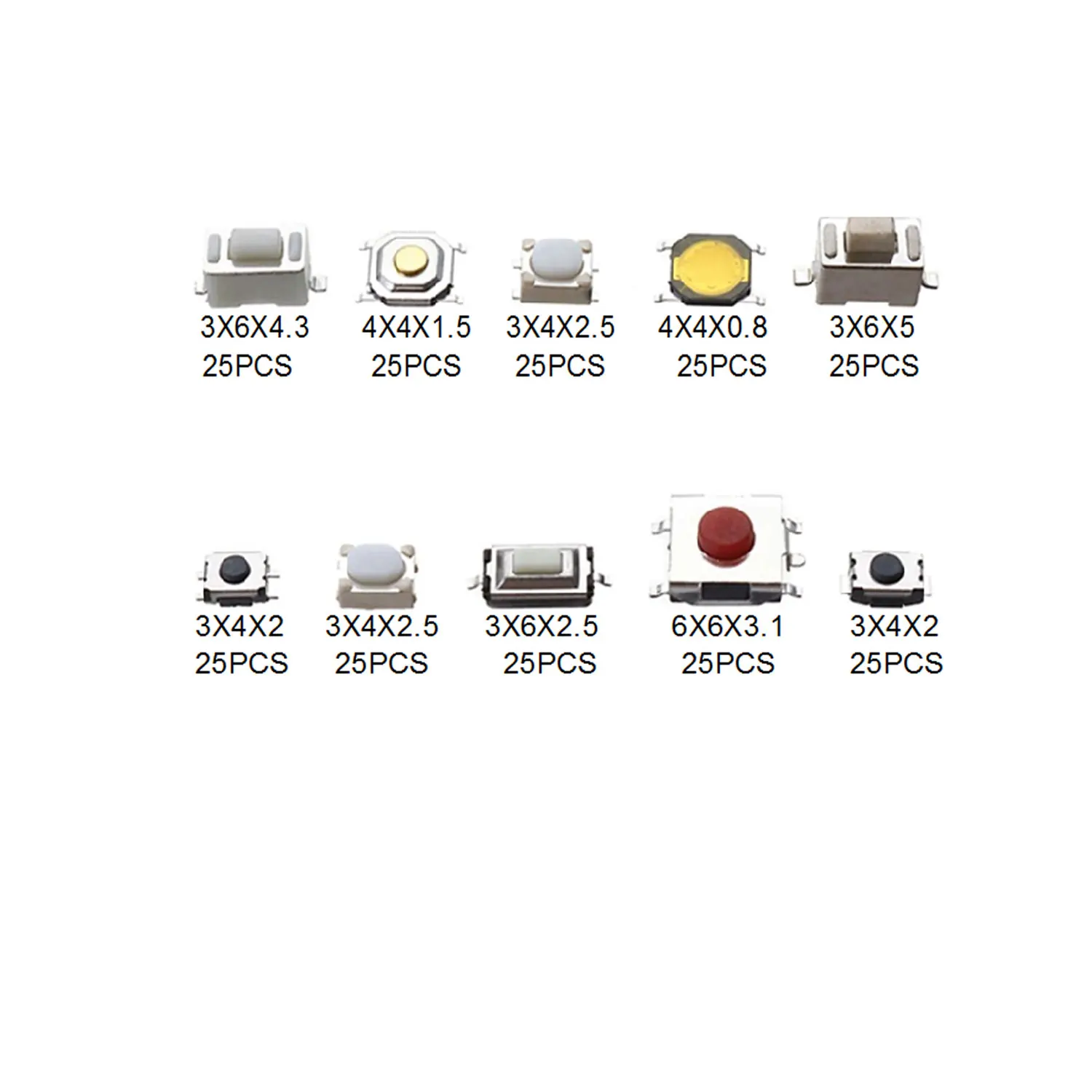 250PCS light touch switch car switch buttons, 10 specifications, each with 25 SMT switches