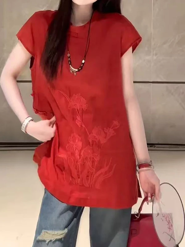 New Chinese Sle Embroidered T-irt Women's Loose Fit Summer 2025 Faion Slimming Versatile Small irt Top