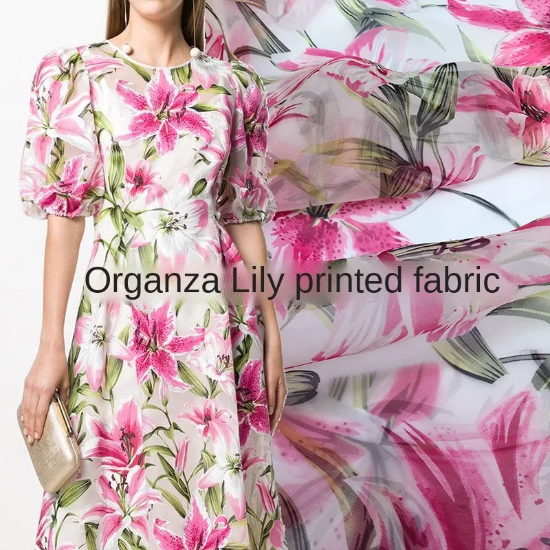 

Pink Lily Organza Printed Polyester Fabric Thin See-through Brand Fashion Design Diy Sew Cloth for Dress Fabrics Per Meter