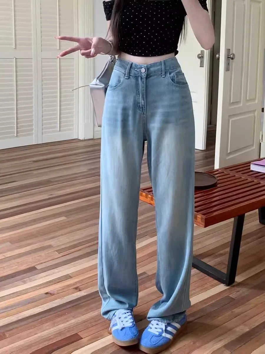 

Ice Silk Straight Leg Jeans Women's Summer Thin High Waist plus Size Loose Slimming Wide Leg Pants Long Zipper Closure