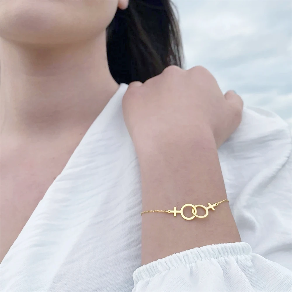 Pulsera doble con símbolo de Venus para mujer, pulsera para lesbianas de acero inoxidable, símbolo de género, joyería minimalista, regalo para la mejor hermana