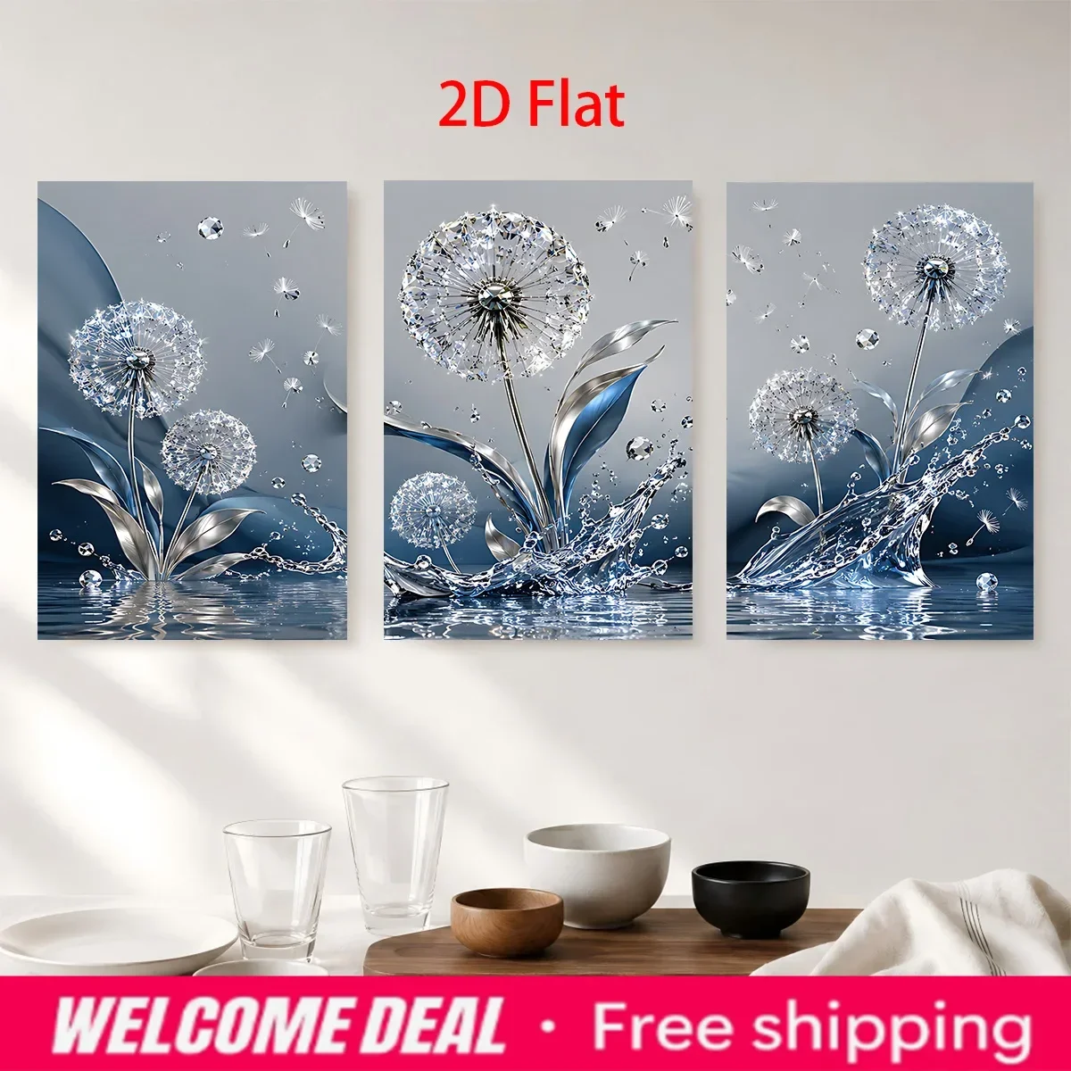 3PCS Frameless Crystal Dandelion Canvas Wall Art Blue Silver Water Splash Reflection Home Decoration