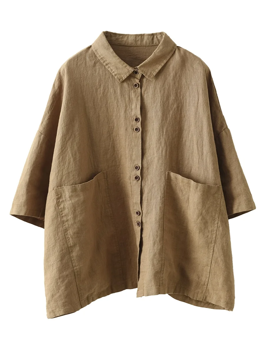 Casual Cotton Linen irt Women's Summer New Sle Artistic Retro Big ket Turn-down Collar Loose irt Casual Outerwear Top