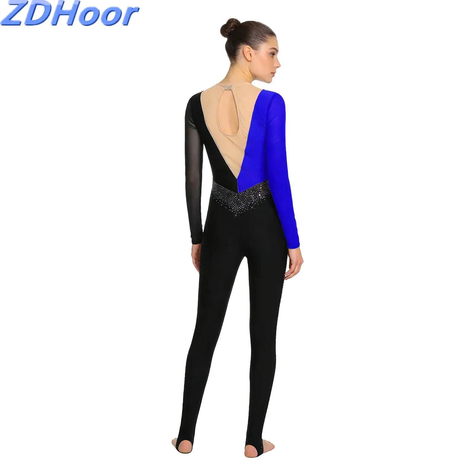 

Womens Gymnastics Jumpsuit Rhinestone Contrast Color Mesh Long Sleeve Stirrup Leggings Bodysuit for Skating Dancing