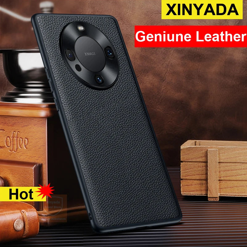 Geniune Leather Skin Phone Case For Huawei Mate 60 Pro Real Cowhide Case For Huawei Mate 60 Pro Mate60 Cover Shell Metal Lens