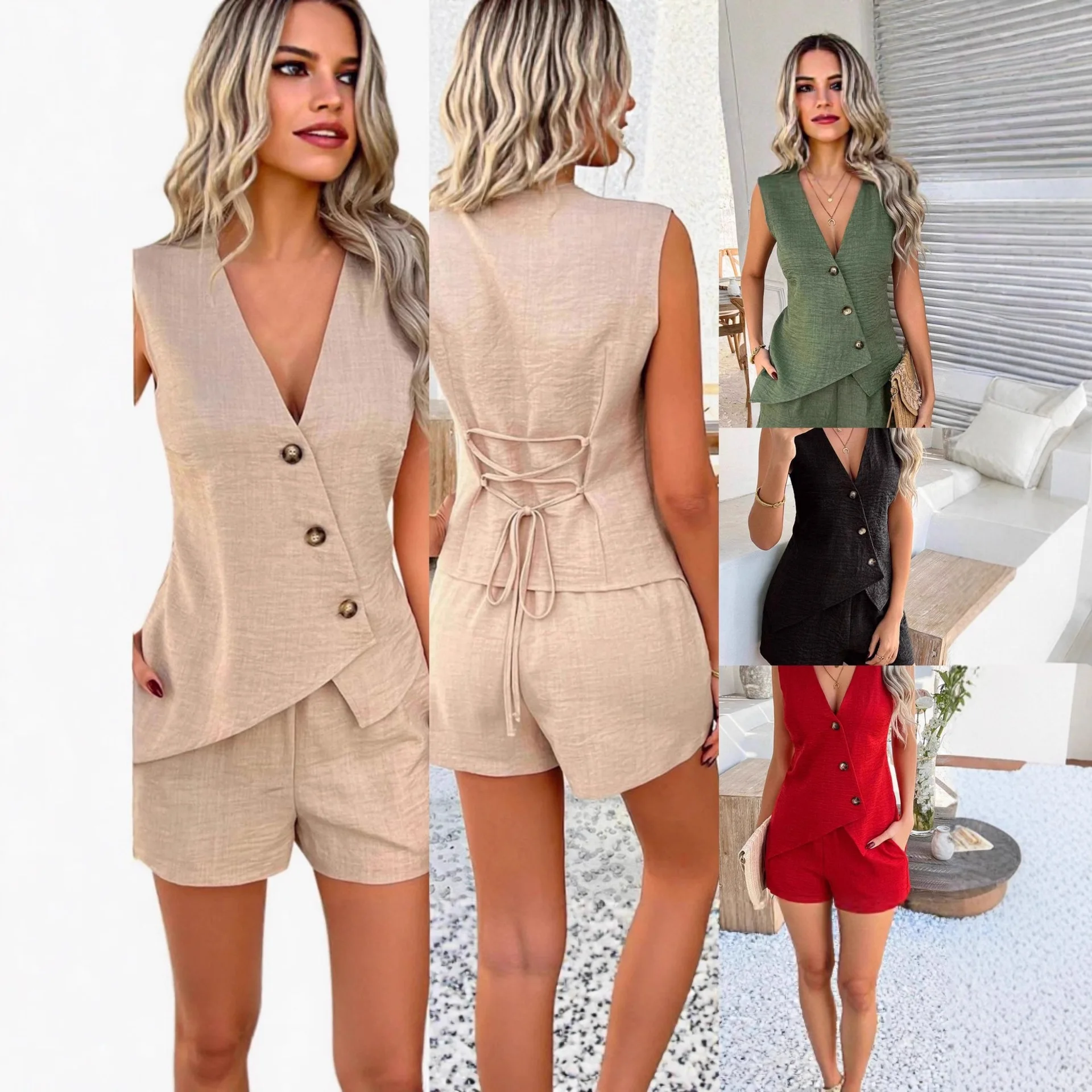 Spring Summer Versatile Sleeveless Vest Beach Vacation Suit Irregular V-neck Single-breasted Top Drawstring Shorts Two Piece Set