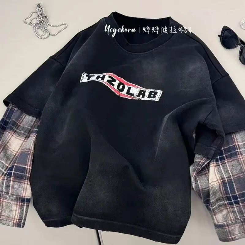 2025 الربيع والخريف جديد الأولاد هوديي كم طويل ريترو وهمية قطعتين قميص مطبوع للأطفال موضة عادية أسفل قميص #5