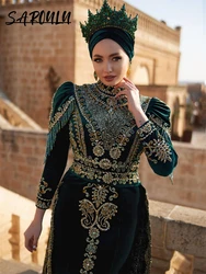 Vestido de noche de sirena bordado de encaje dorado de lujo, terciopelo sin Hijab, caftán musulmán, vestidos de graduación, vestido de fiesta con cuentas personalizado