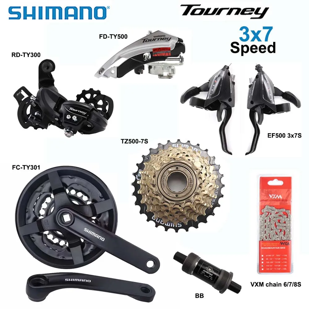 

SHIMANO Tourney 3x7 Speed Groupset включает задний переключатель EF500 или M315 TY300, кассета TZ500, 28T, 34T, цепь VXM MTB 7S.