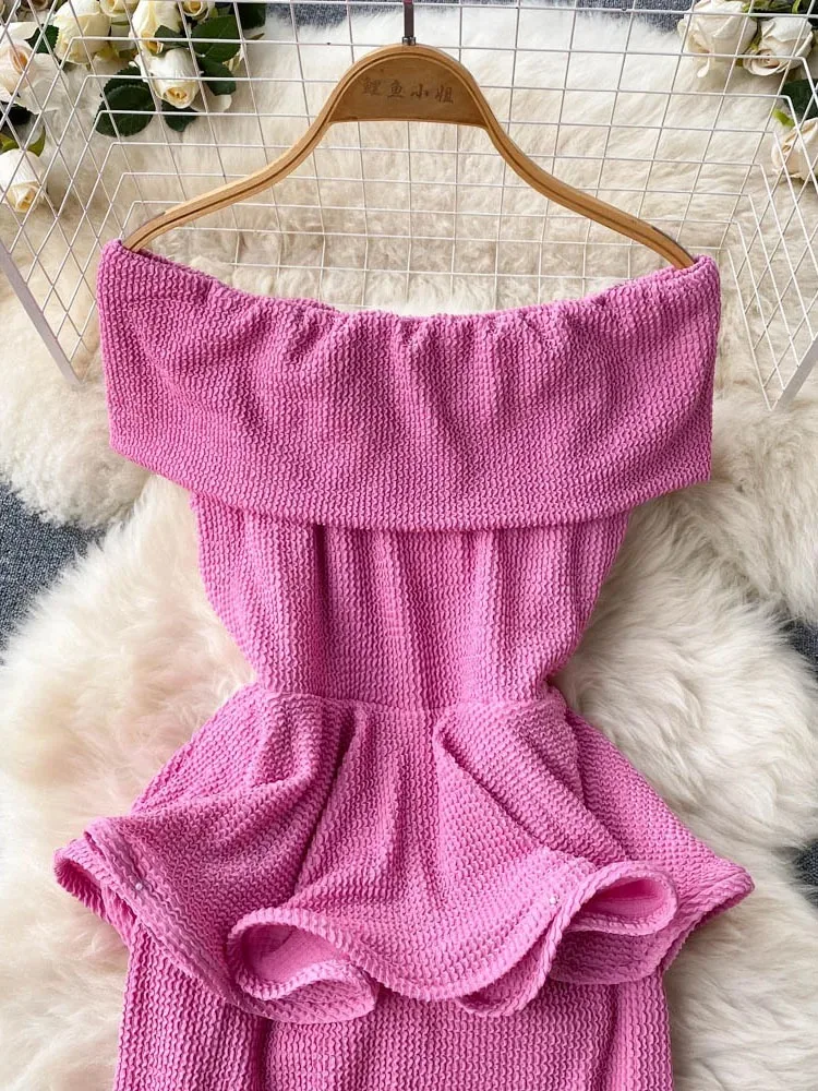 Verão feminino sexy uma palavra pescoço fora do ombro vestido fino em camadas meados de comprimento babados cintura magro aniversário temperamento vestido d1341