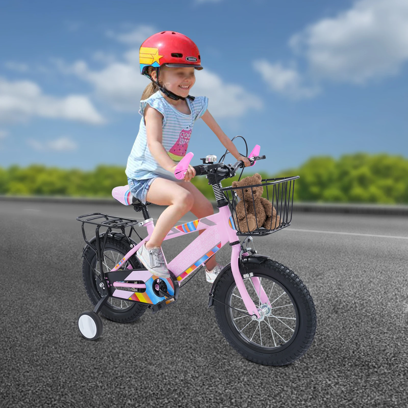دراجة أطفال مقاس 14 بوصة دراجة خارجية قابلة للتعديل مع عجلات تدريب وسلة ومقعد خلفي للأولاد/الفتيات بعمر 3-6 سنوات #3