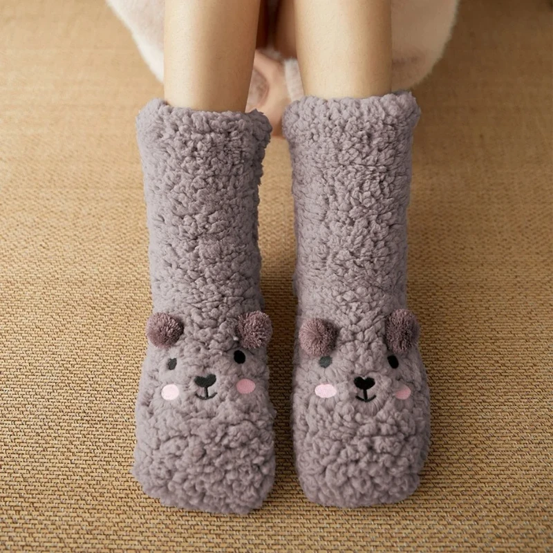 Floor Socks Women Autumn and Winter Velvet Coral Fleece Socks Sleep Home Slippers Snow Socks Confinement Bear Carpet Socks