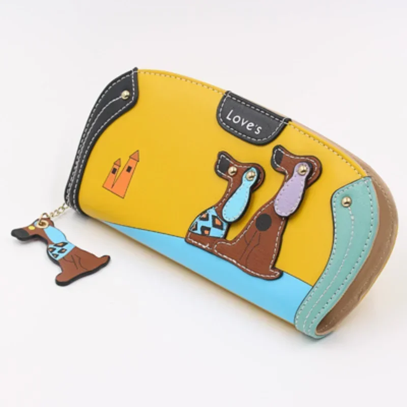 Ladies Zipper Long Wallet Large Capacity PU Leather Dog Pattern Contrasting Color Fashion Retro Clutch Waterproof Purse