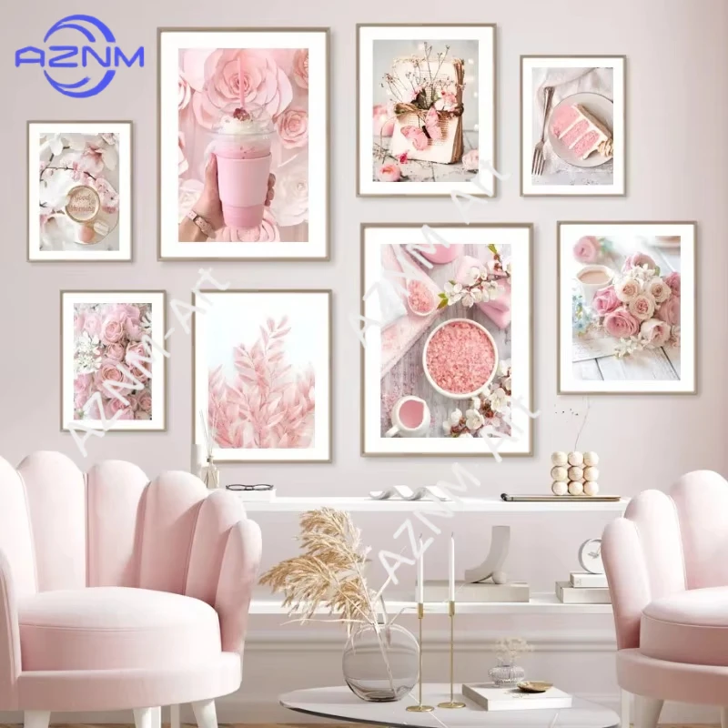 1 Stück Rosa Blumen-Eiscreme-Kuchen Wandkunst Leinwanddruck Nordische Poster und Drucke Wandbild für Schlafzimmer Heimdekoration