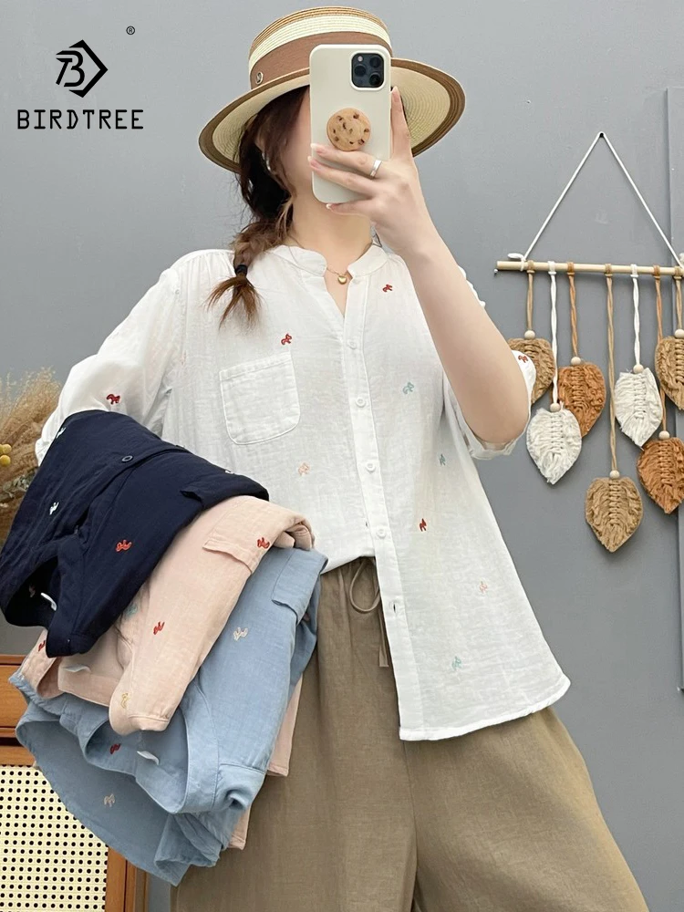 

Новая летняя женская блузка из хлопковой пряжи с коротким рукавом, V-образным вырезом и вышивкой, в стиле Mori Girl, повседневная, мягкая, тонкая, свободная, модель T64326CC