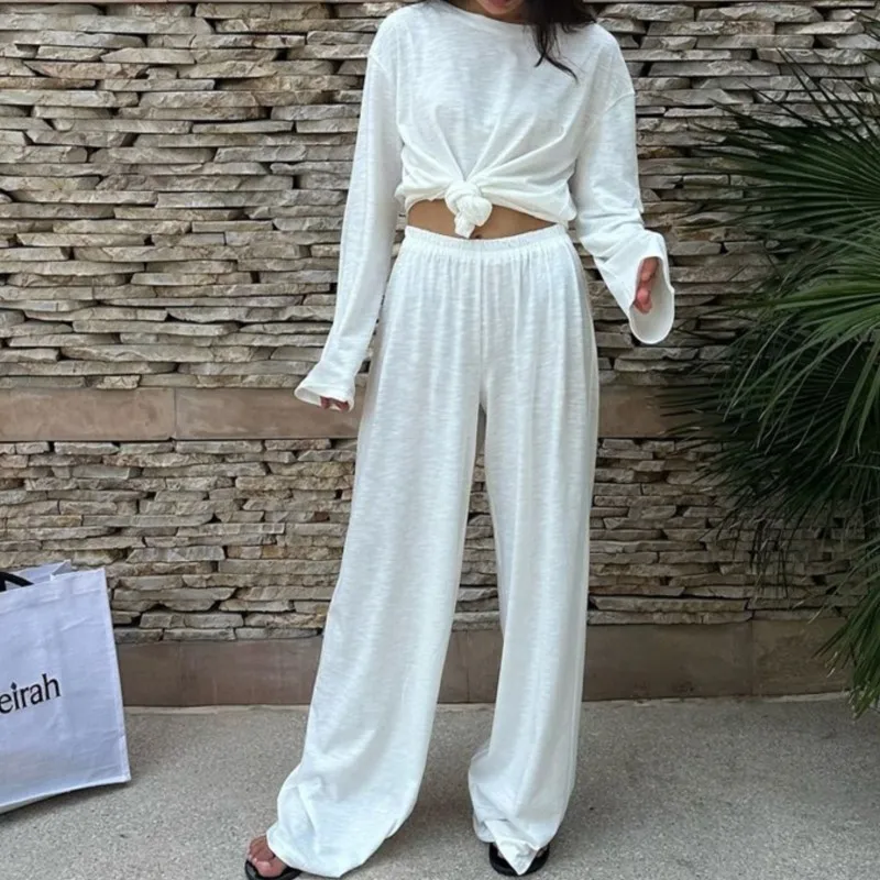 

Casual Loose White Women Two Pieces Set 2025 Elegant Long Sleeve Shirt With High Waist Wide Pants Set Female Streetwear outfits