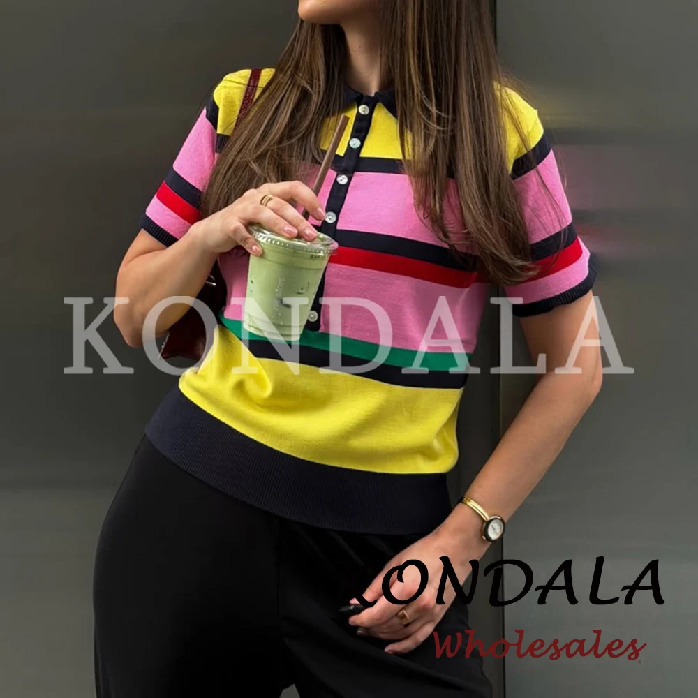 KONDALA Chic Summer Modern Striped Women Knitwear Streetwear Y2K Fashion 2026 POLO Shirt Turn-down Collar Female Casual Sweaters view 4