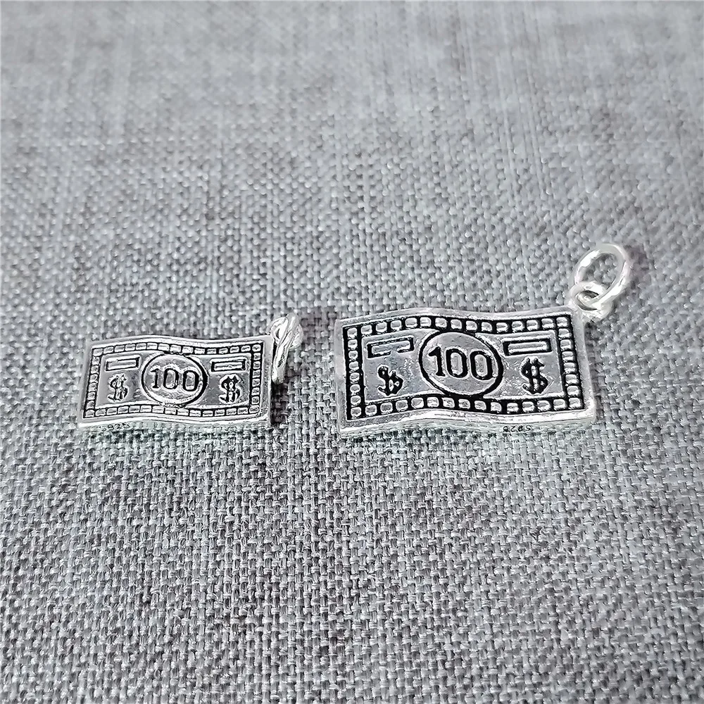 Sterling Silver One Hundred Dollar Bill Charm 2-Sided 925 Silver Money Pendant for Bracelet Necklace