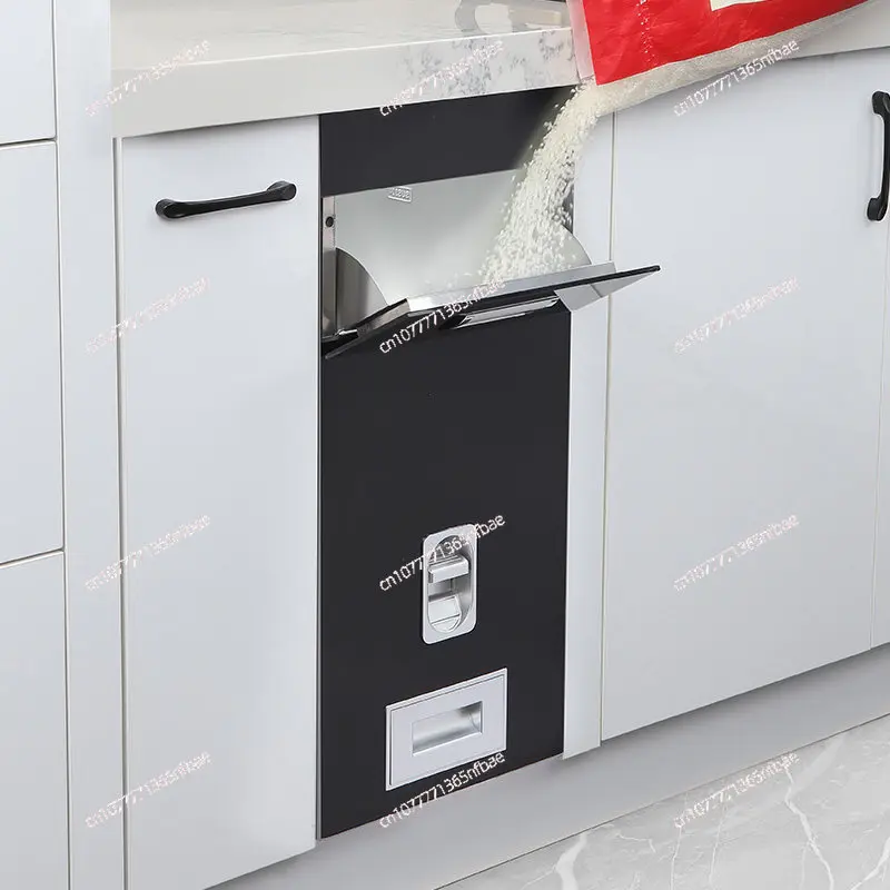 304 Stainless Steel Kitchen Cabinet Pull Out Rice Container, Built-in Automatic Rice Dispenser Insect & Moisture Proof