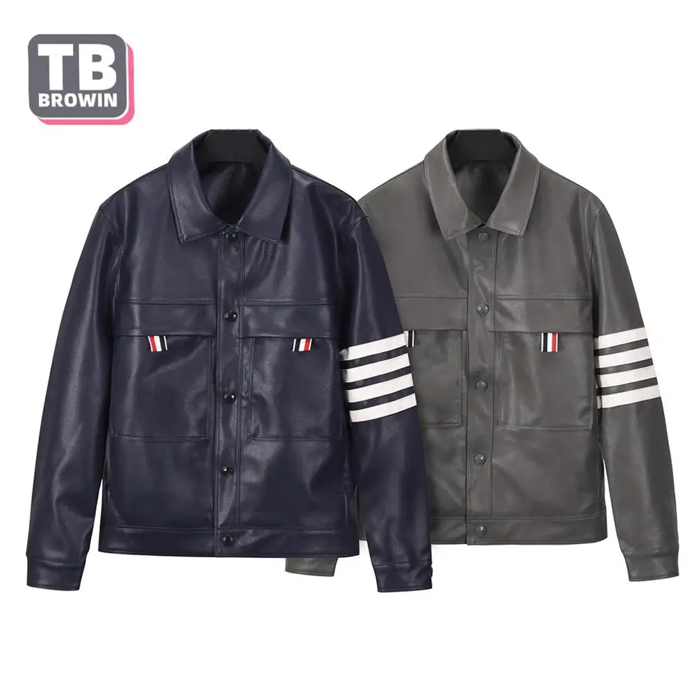 Brand TB Men's pu jacket coat Four bars classic striped casual lapel pocket slim women's couple leather