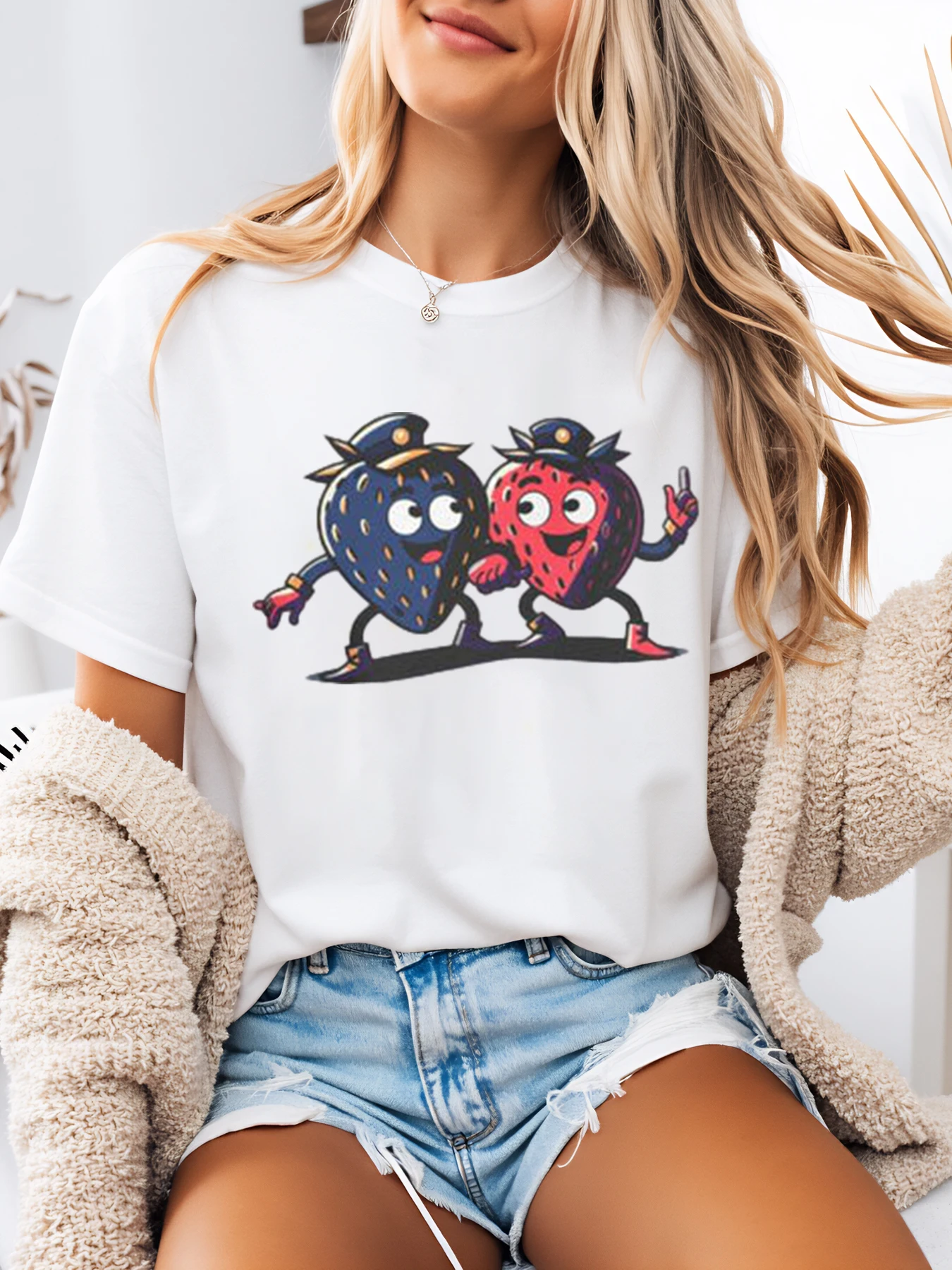 

Strawberry and Blueberry Police Cartoon Print T-Shirt Halloween Women Casual Wear White Plus-Size