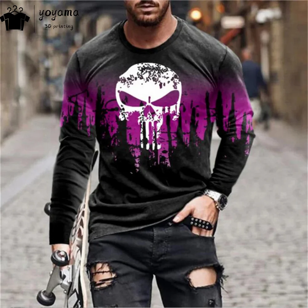 รูปแบบไล่โทนสีพิมพ์เสื้อผ้าผู้ชายสบายๆแขนยาวแฟชั่นเสื้อยืดสําหรับผู้ชายO-คอผู้ชายเสื้อยืดกะโหลกกราฟิกเสื้อTด้านบน