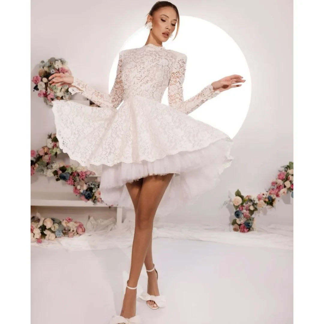 

Short Wedding Dresses for Brides Women Lace Long Sleeves Robe De Mariee High Low Skirt Customized Bridal Gowns Vestido De Novia