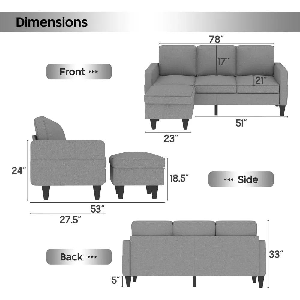 Convertible Sectional Sofa Couch, Light Grey 3 Seat L-Shaped Sofas with Movable Ottoman, Modern， Small Space