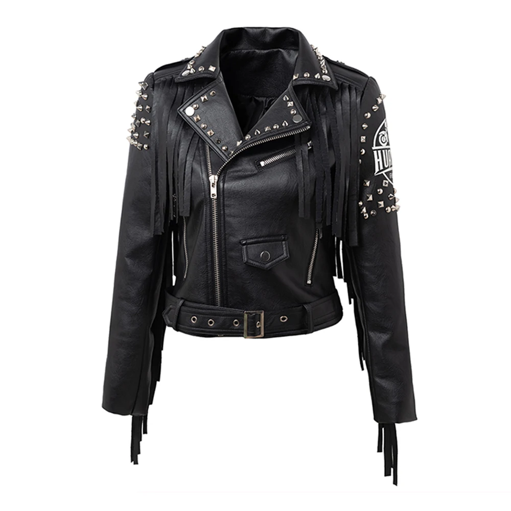 

Rock Jacket PU Material Woman's Biker Coat Tassels Motorcycle Jacket Wear Resistant Women's Motorcycle Jacket Small Size