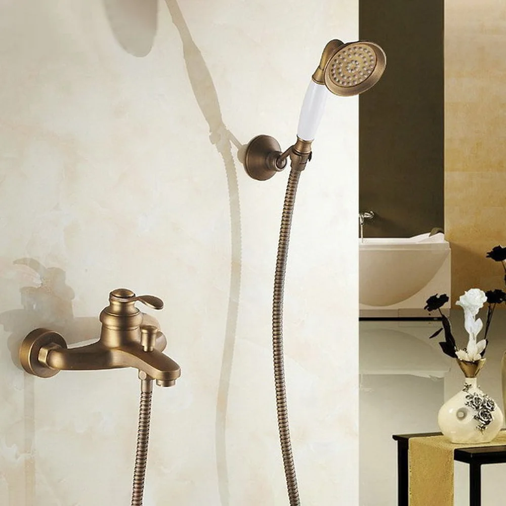

Single Handle Antique Brass Wall Mounted Bathtub Faucet with Handheld Shower Set +150CM Hose Mixer Tap 2tf302