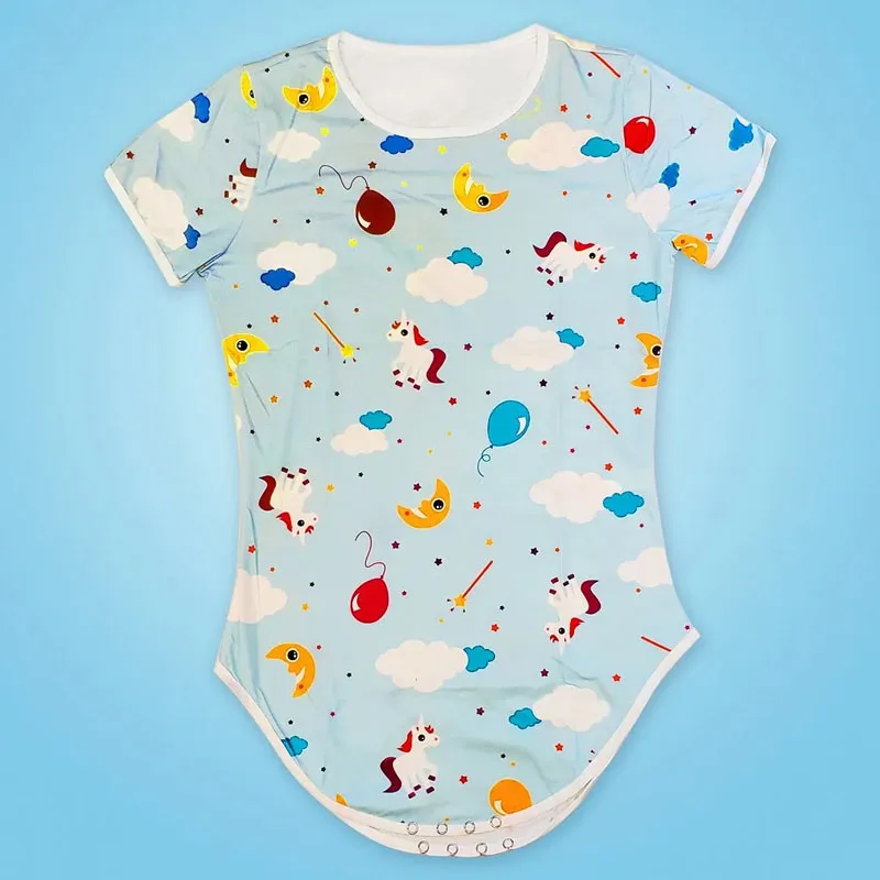 ABDL Adult Baby Bodysuit With Snaps Soft Cartoon Print Short Sleeve Round Neck Pullover Playsuits Couple Home Clothing